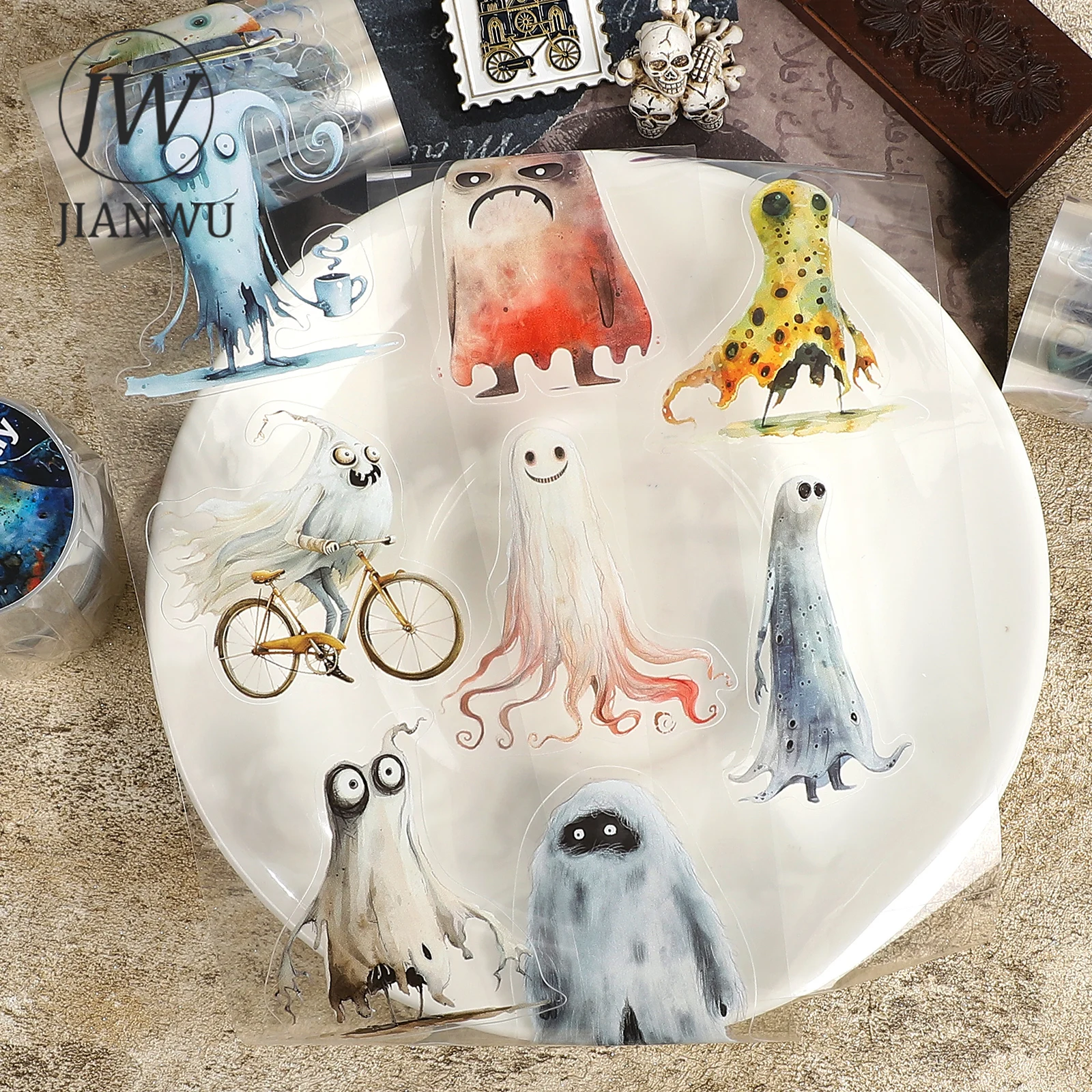 JIANWU 60mm*200cm Pita PET Vintage Karakter Hantu Unik untuk Kolase Bahan Lanskap Scrapbook Kreatif DIY Alat Tulis Jurnal