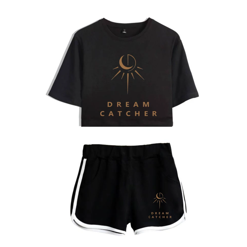 Fashion Youthful Dreamcathcer Deam About Dew navel Two Piece Set Women Sexy Shorts+lovely T-shirt Cute Dew navel Sport suits