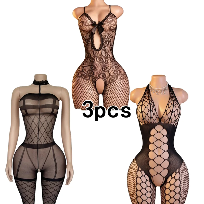 3-Piece Set – Lingerie Bodystocking with Sheer Mesh, Lace, and Spaghetti Straps – Suitable for Dates and Themed Parties