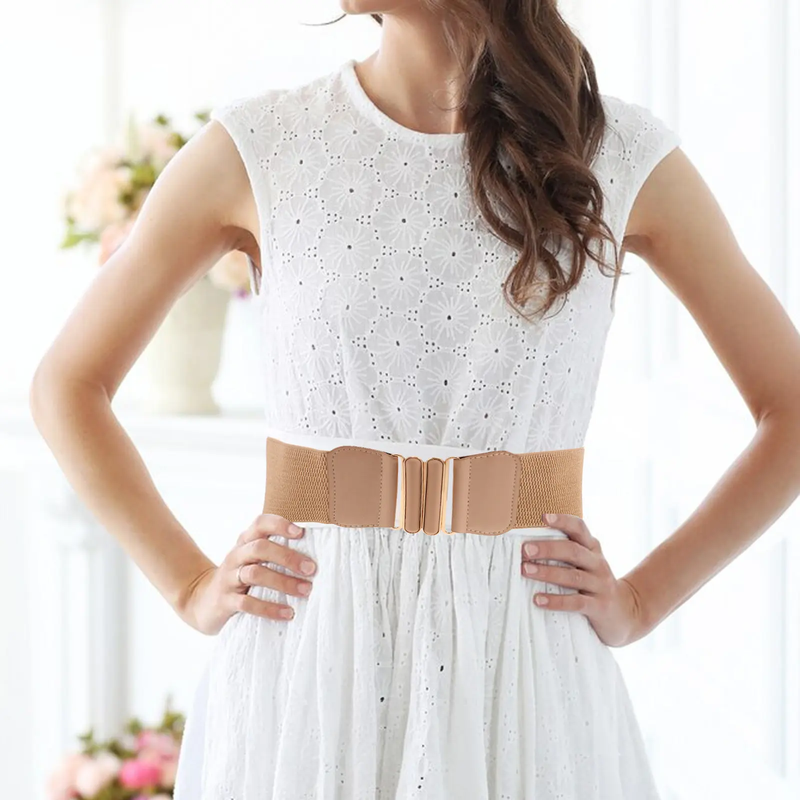 Stretchy Wide Waist Belt for Women Artificial Elegant Double Oval Buckle Elastic Cinch Belt for Dresses Sweater Tuck