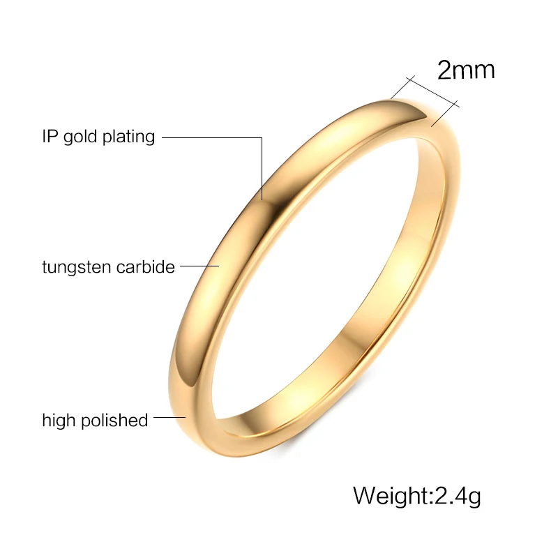 Vnox Cute Women\'s Gold-color Rings Trendy 2 mm Tungsten Carbide Wedding Bands for Women Jewelry