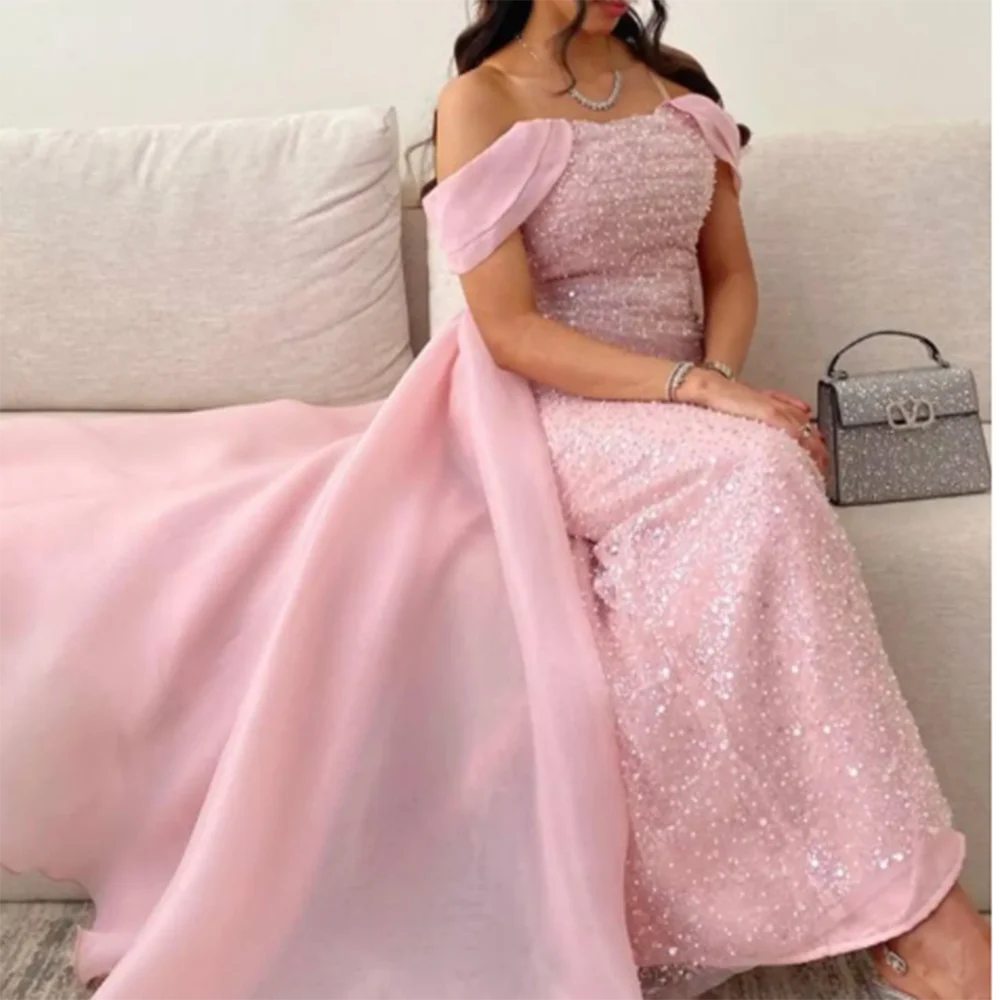 

Shiny Beading Pearls Pink Stain Evening Dress Off Shoulder Sleeveless Floor Length Bow Sweet Elegant فساتين حفلة موسيقية Vestido