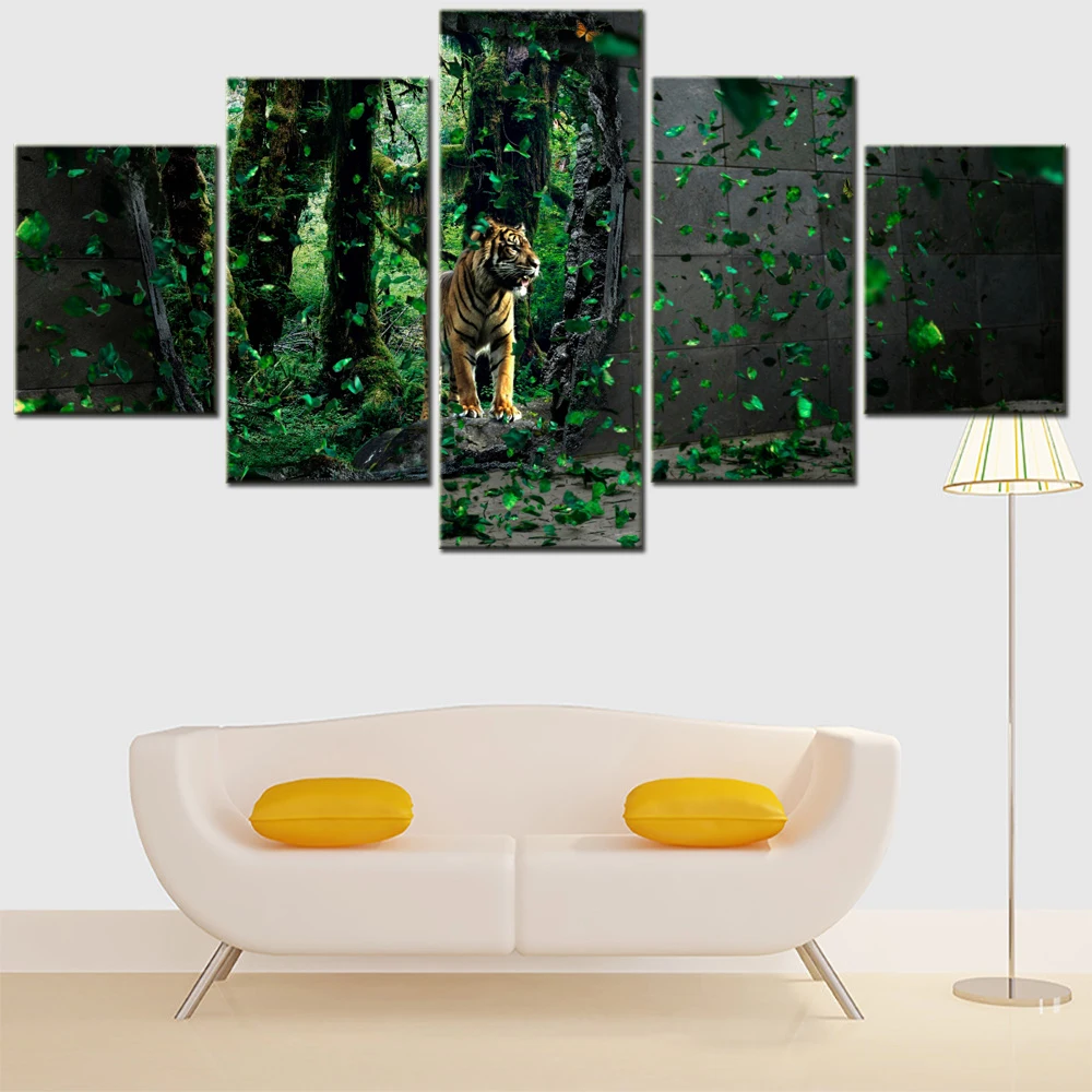 5 Pieces Canvas Wall Arts Poster Painting Animals Tiger Mystical Forest Wallpaper Home Decor Picture