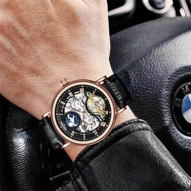 KINYUED J117 orologio meccanico automatico per uomo volano scava fuori orologi meccanici multifunzionali orologio da polso con cinturino in pelle