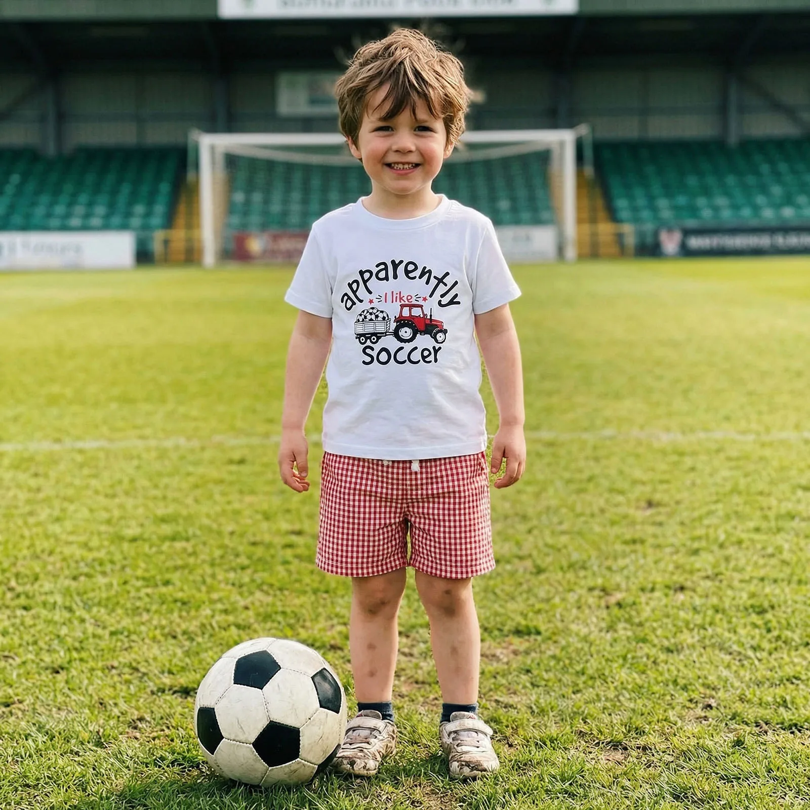 Toddler Boys Summer Soccer Themed Outfits Letter Tractor Print Short Sleeve T-Shirt Elastic Waist Plaid Shorts Casual 2Pcs Set