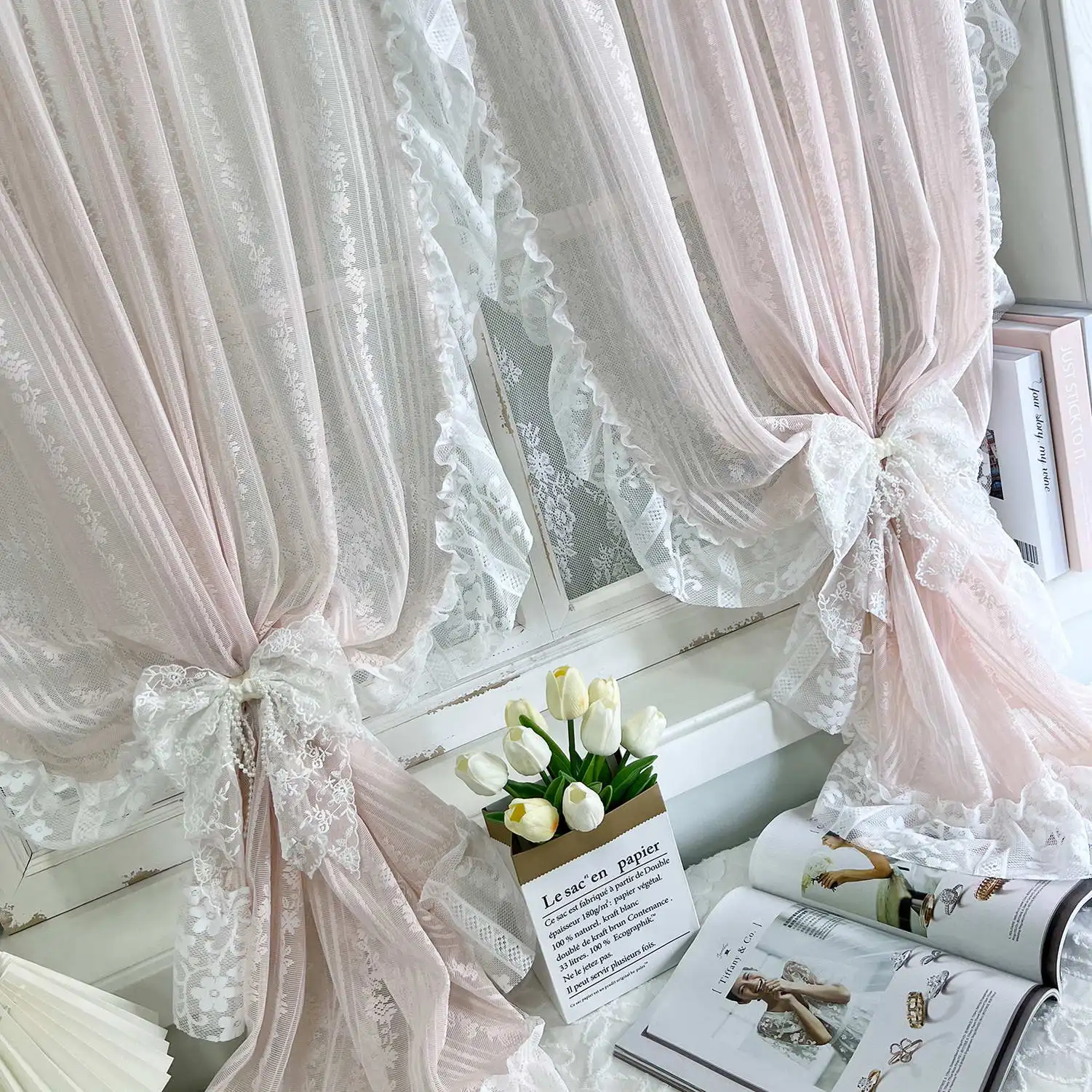 French Princess Lace Tulle Curtains For Bedroom, Striped Floral Pink Lace Sheer Curtains For Living Room, Home Window Decoration