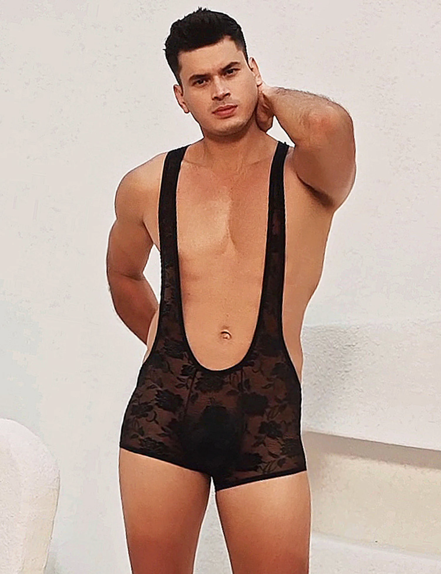 Comeondear Men Lingerie Strap Style One-Piece Boxer U-Shaped Convex Pouch Design Transparent Jumpsuits Floral Lace Sexy Bodysuit