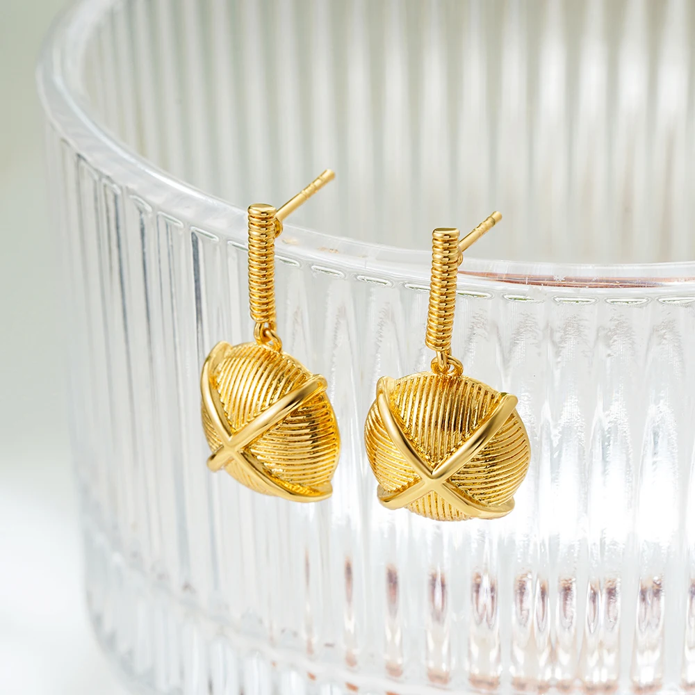 18K Gold Plated Chunky Striped Hemispheres Dangle Earrings Twisted Spring Cross Geometric Lightweight Hammered Ear Buckle Bijoux