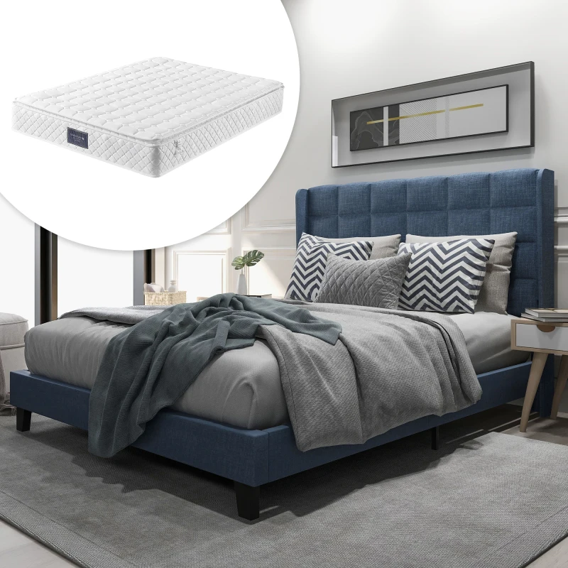Lit Double Tapissé en Tissu Lin Bleu 146 x 208 x 111 cm avec Tête de Lit Rembourrée et Sommier à Lattes, Matelas 7 Zones à Ressorts Ensachés, Bonne Aération Sans Montage, Adapté aux Allergies, Idéal pour NONE