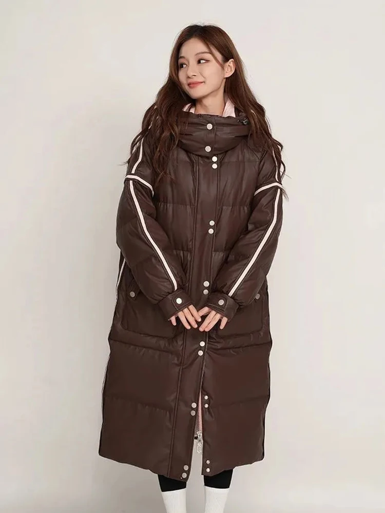 Long Down Jacket Women's Coat 2025 New Winter Contrast Color Stitching Hooded White Duck Down Jacket Casual Thicke Warm Parka