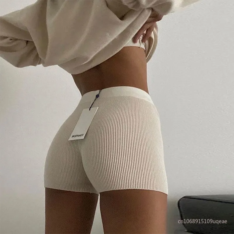 Summer Knit Shorts Cotton White Women Casual Mini Black  High Waist Ribber Streetwear Basic Biker Shorts High Stretched