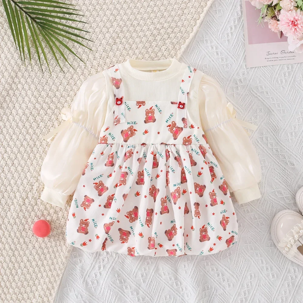 (0-3 Years Old Girls) Autumn/Winter New Girls\' Dress A-line Dress Fake Two Splicing Suspenders Bubble Long Sleeve Round Neck