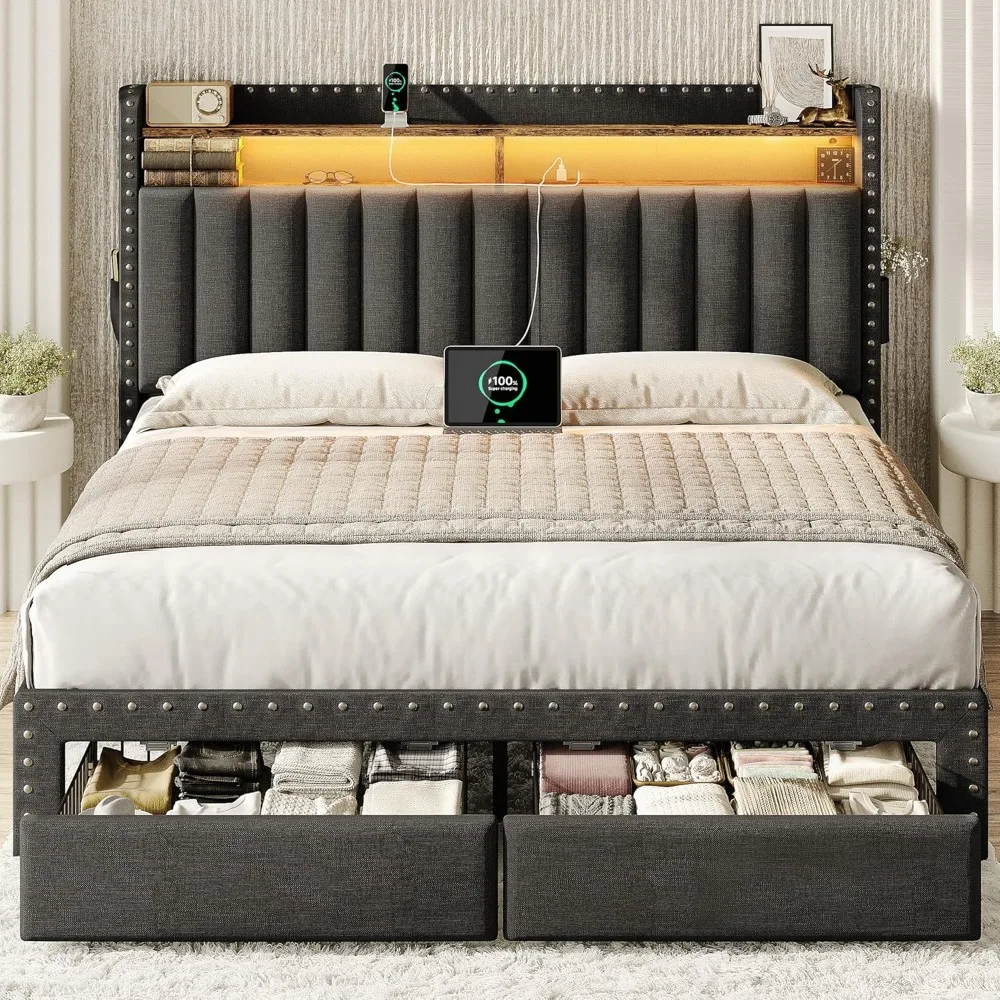 

Queen Bed Frame with Storage Headboard and Drawers, Upholstered Bed Frame Queen Size with Charging Station and LED Lights