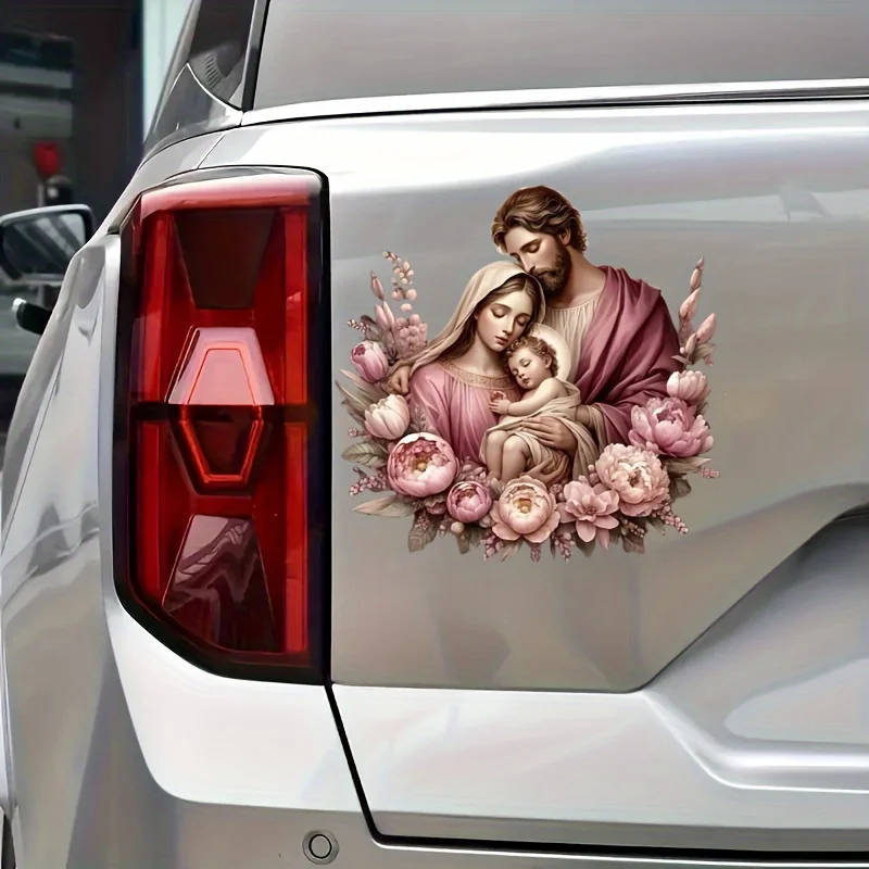 1Pc Holy Family Floral Waterproof Vinyl Sticker UV Resistant Scratch Cover For Car Truck SUV Laptop Christian Xmas Decor Gift