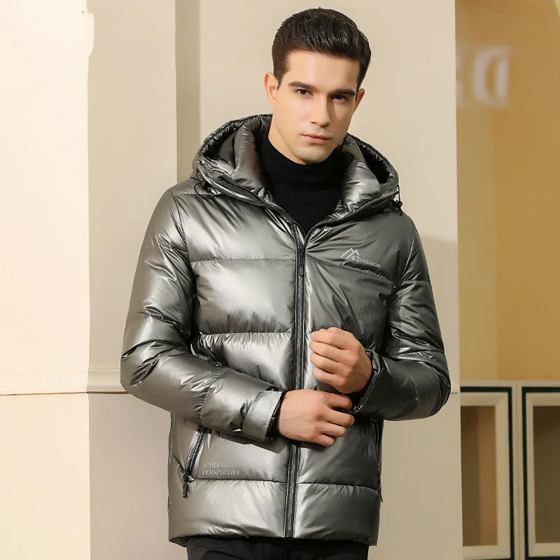 Bright Down Jacket Mens Winter 90% White Duck Men Leisure Trend Hooded Warm Coat