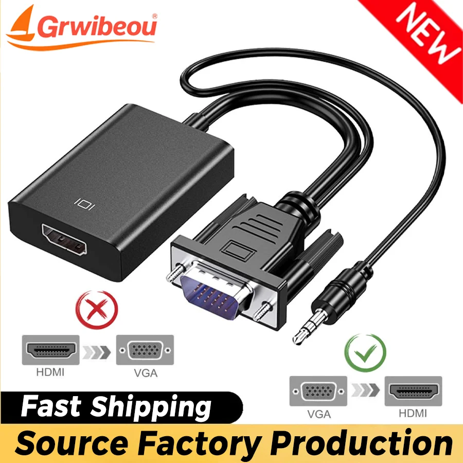 

HD 1080P VGA To HDMI-compatible Adapter with 3.5mm Audio Video Cable Male To Female for Computer Laptop TV Projector VGA Adapter