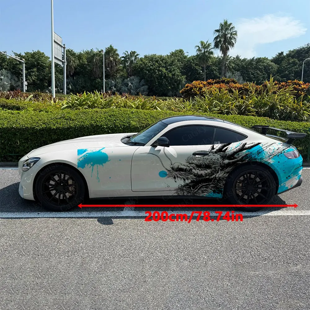 2pcs Chinese Style Splatter Blue Dragon Car Side Wraps, Self-Adhesive PVC Waterproof & Scratch-Resistant Stickers, Car Accessory