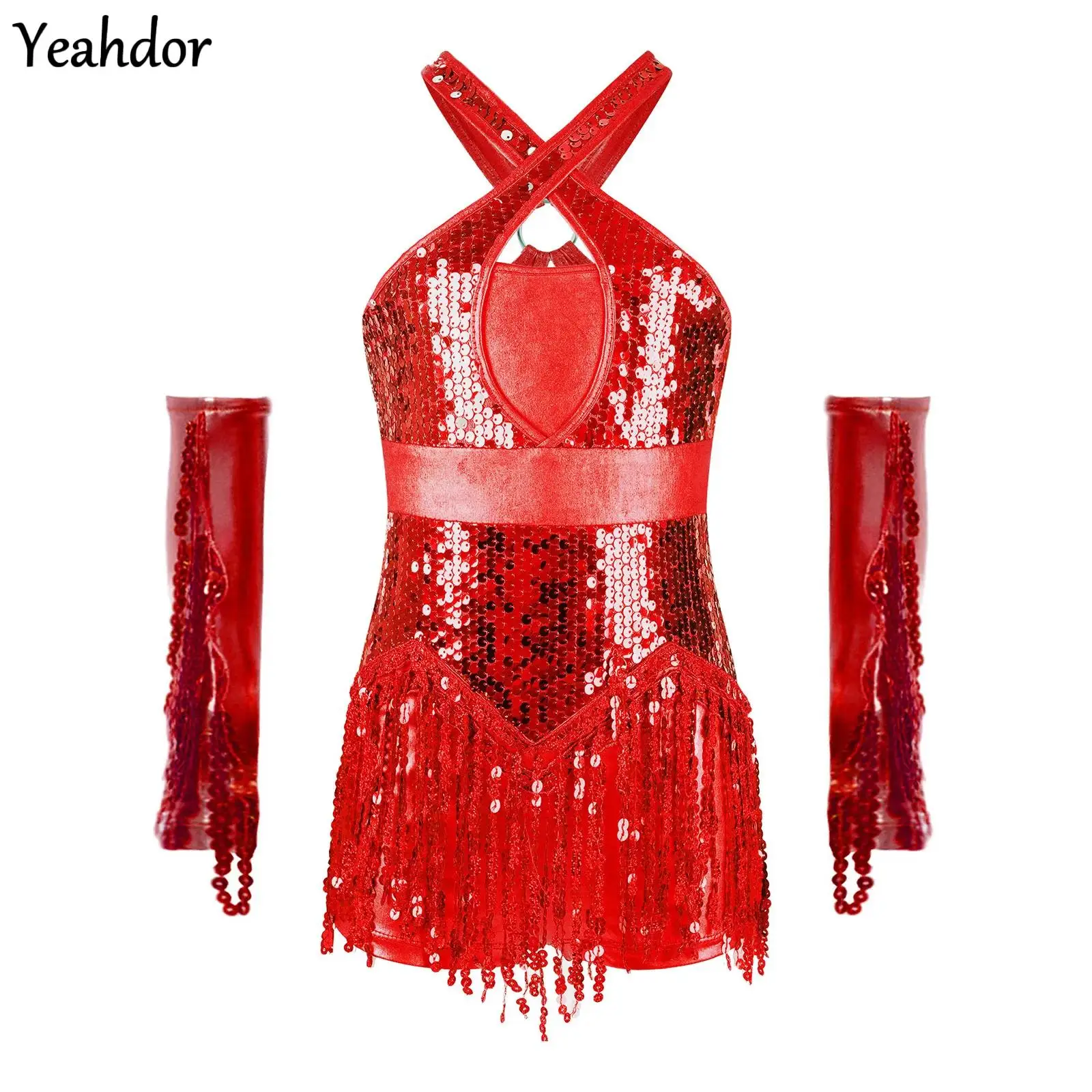 

Kids Girls Latin Dance Leotard Cha-Cha Samba Performance Costume Cross Back Sparkly Sequins Tassel Jumpsuit with Metallic Gloves