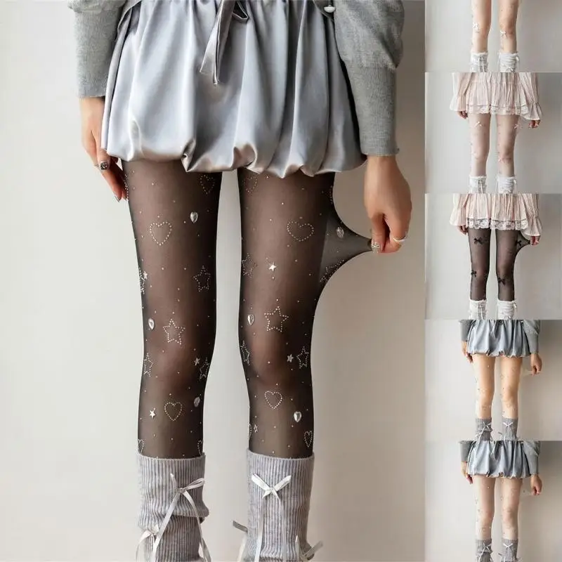 Glittering Star And Heart Rhinestones Embellished Butterfly Pattern Sheer Pantyhose For Women Party Wear 6XDA