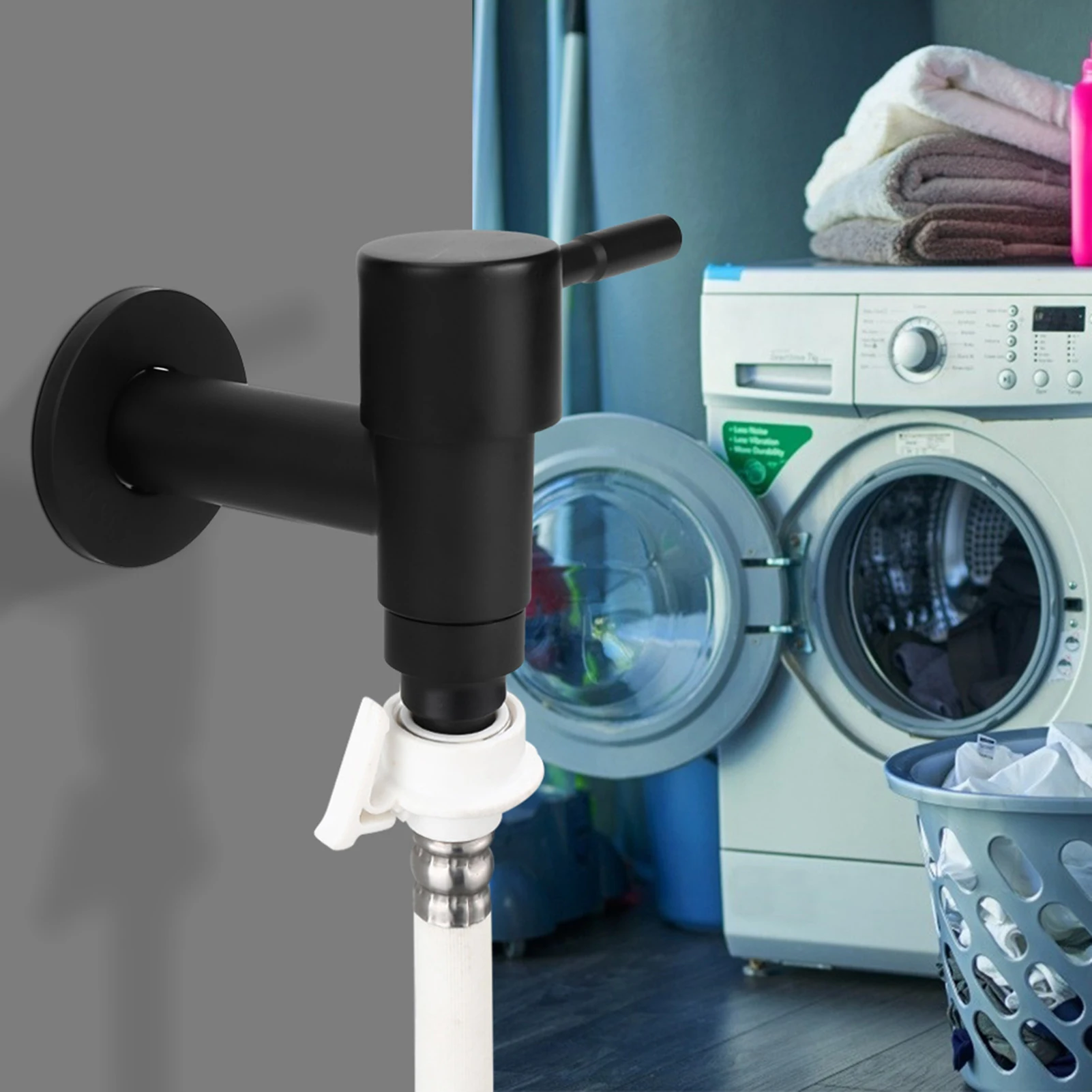 

Household Stainless Steel Black Quick Single Cold Faucet Washing Machine Water Tap G1/2in Male Thread