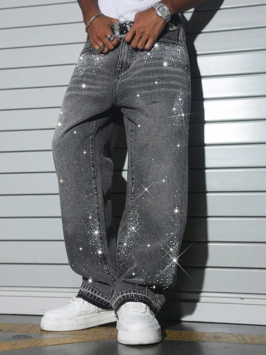 Mens Streetwear Straight Leg Jeans With Crystal Decoration Baggy Fit Casual Pants