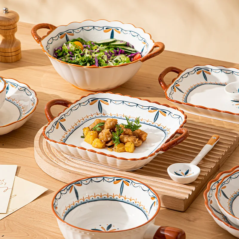 High Aesthetic Value Simple Bowl and Plate Combination Household Bowls Ceramic Underglaze Color Tableware Plates