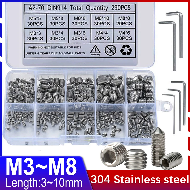 

304 Stainless Steel Hexagon Socket Flat/Cone End Headless Machine Meter Set Screw Box Pointed Flat Head M3 M4 M5 M8 DIN914 GB78