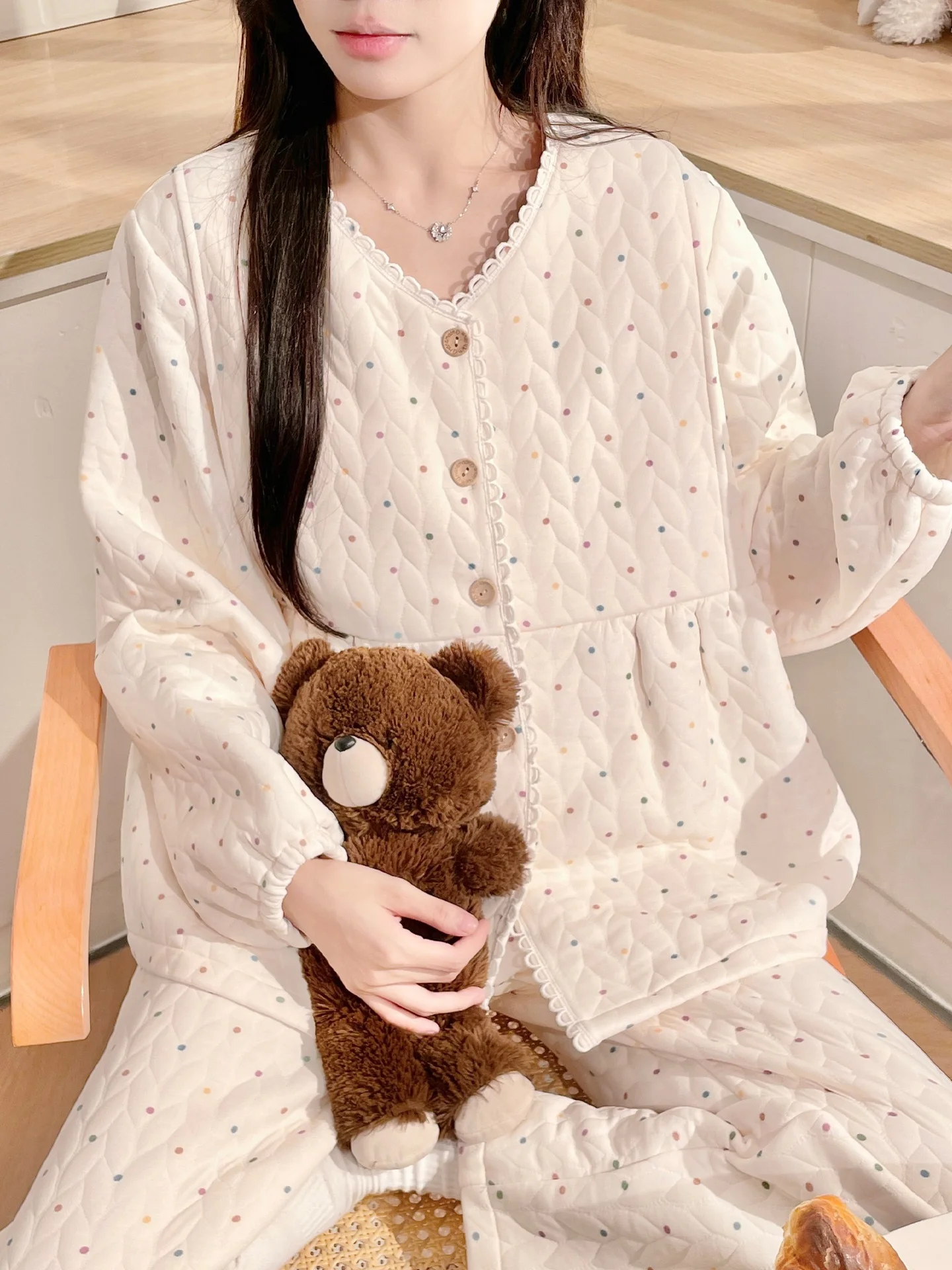 マタニティパジャマ-エアコットン-厚手-産後服-授乳用胸パッド付き-妊婦-冬用-ホームウェア