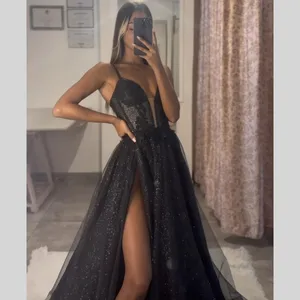 Vestidos pretos de baile, Correias, Apliques, Glitter Party, Vestidos de noite, Split, Tapete vermelho formal, Longo, Vestido para ocasiões especiais, 1 6 principais vendas vestidos cerimonia convidada - №6