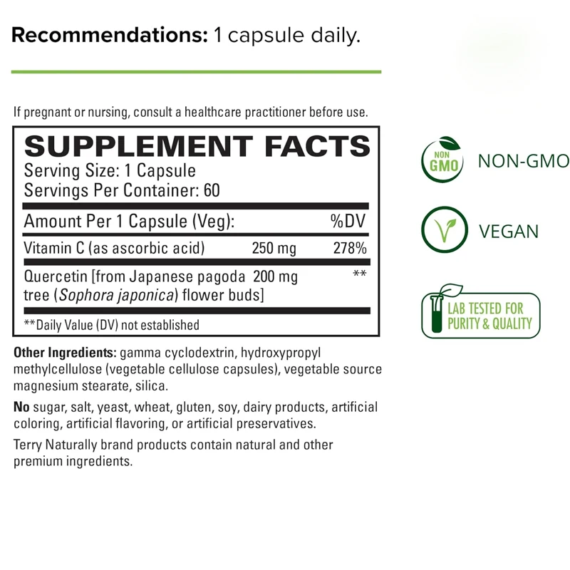 Natural Quercetin  Vitamin C Super Strength -60 Capsules - Sinus, Lung, and Respiratory Functions - Non GMO, Pure -60 servings