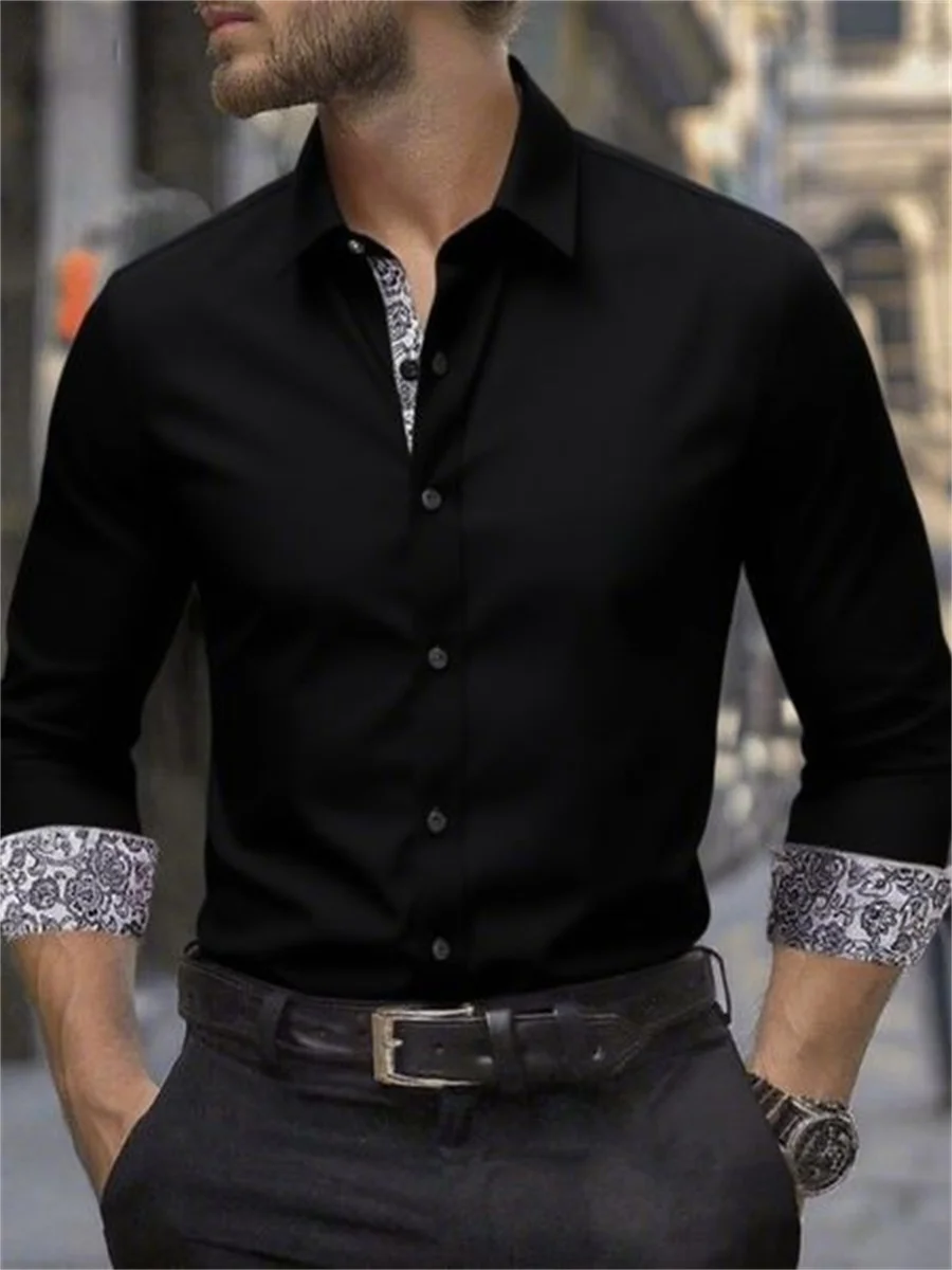 Men's long-sleeved casual shirt with new fashion design, solid color contrast color and elastic fabric for business and leisure