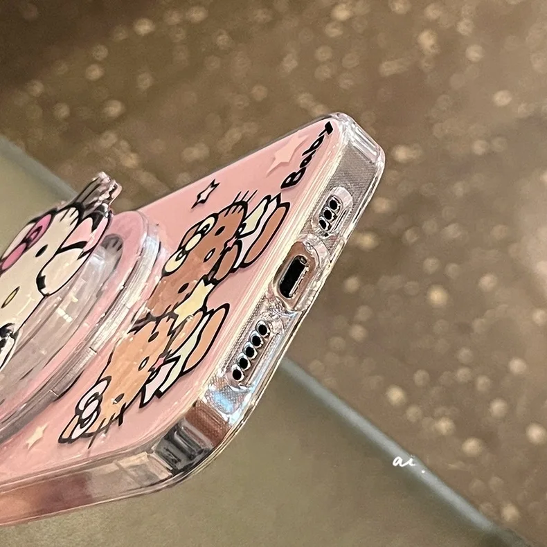 Pink Cartoon Cute Hello Kitty Bow KT Magsafe Wireless Charge Phone Case For iPhone 16 15 14 13 12 Pro Max Kitty Magnetic Holder