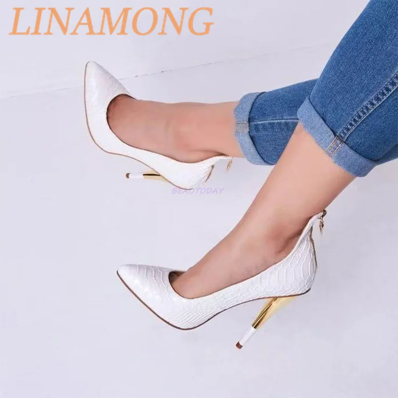 حذاء واحد بسحاب خلفي أبيض، حذاء نسائي عصري بكعب عالٍ رفيع مدبب، نمط بسيط، حذاء للحفلات والولائم