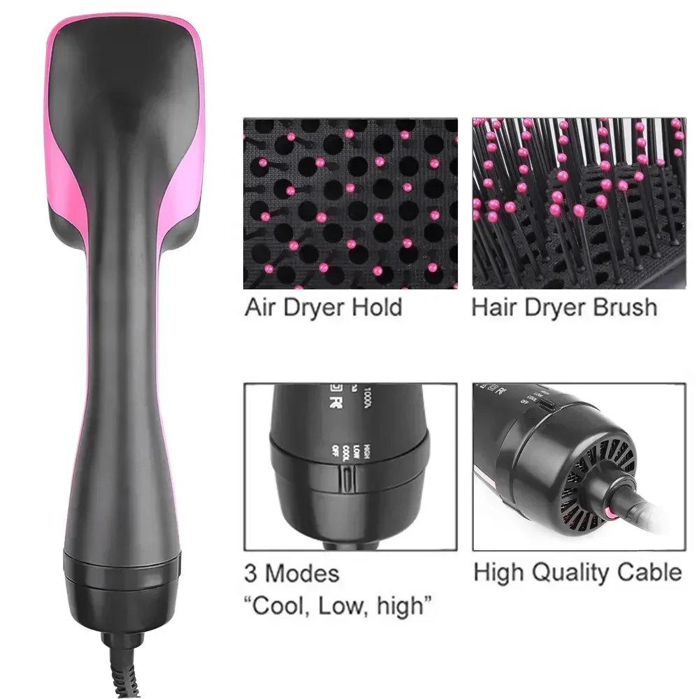 Hot Air Hair Dryer Brush Black and Pink Multifunctional Hairdryer One Step Ions Hot And Cold Air Wind Blow Dryer Brush With Comb