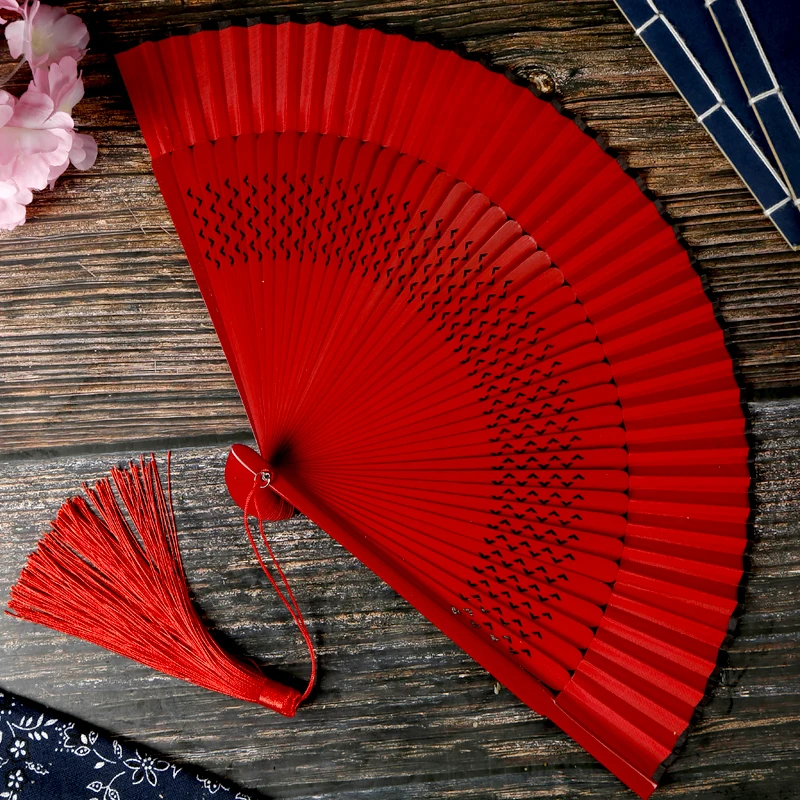 Red Solid Color Women's Dance Hand Folding Fan Personalized Wedding Fan Bamboo Fan Chinese Style Silk Fan Household Hand Fan