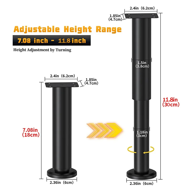 Metal Adjustable Furniture Legs 7.08-11.8 Inch, Table Legs Adjustable Height Replacement for Sofa/Dresser Set of 4 Black