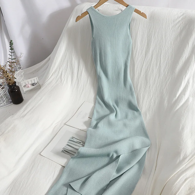 Korean Knitted Robe Femme Summer V Neck Sleeveless Kink Hollow Out Sexy Slim Bodycon Dress Split Fork Long Vestidos