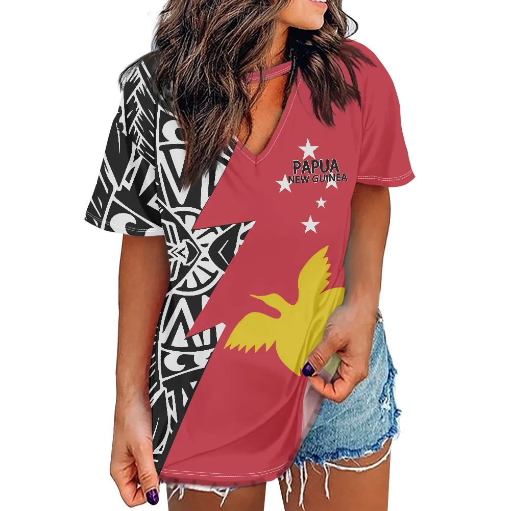 

Summer V-neck Casual Fashion Shirt Women's Short Sleeve Loose Clothing Top Papua New Guinea Tribal Graphic Design Print T-Shirt