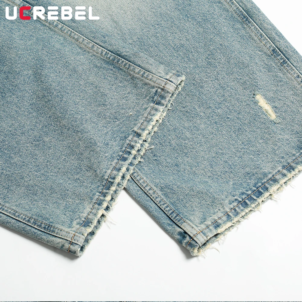 リッピング口ひげ効果ジーンズメンズレトロストリートルーズワイドレッグウォッシュ加工デニムパンツ男性