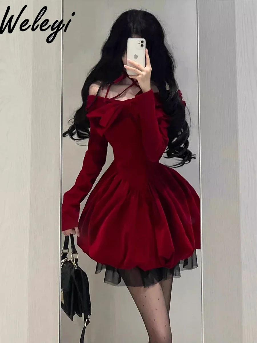 Autumn and Winter Sweet Wine Red Neck Velvet Short Dress Female 2024 New Year Robe Ladies Princess Long Sleeve Dresses for Women