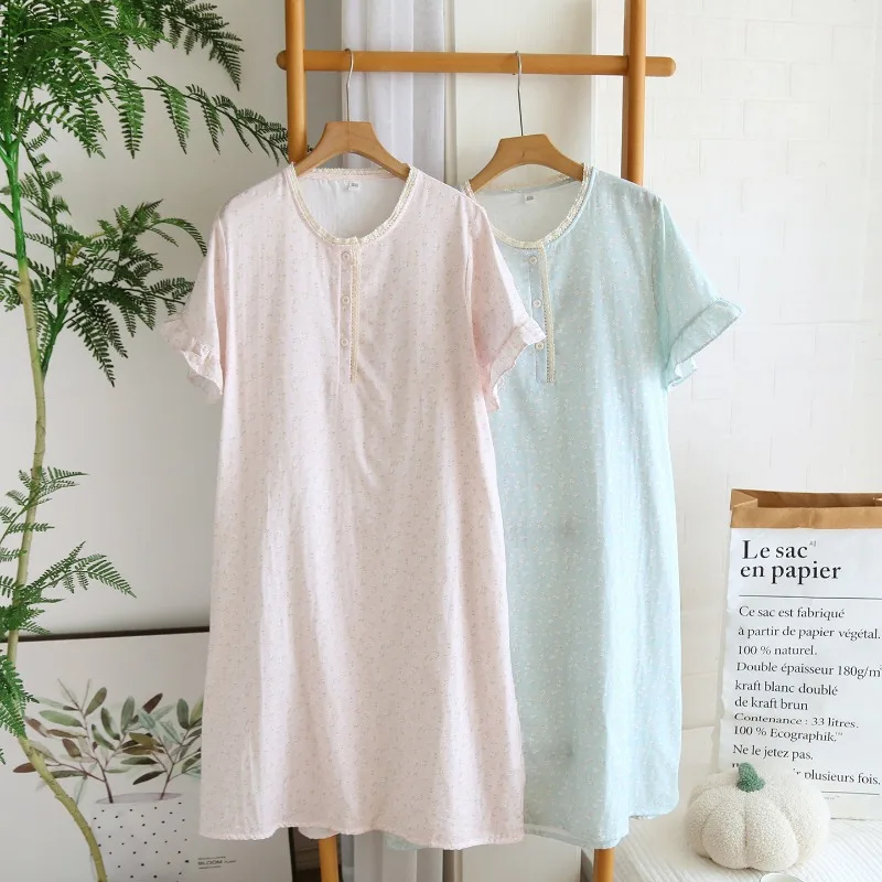 2026 New Summer Women's Nightgown 100% Cotton Double-layer Gauze Short Sleeved Floral Round Neck Thin Fresh Home Skirt Women