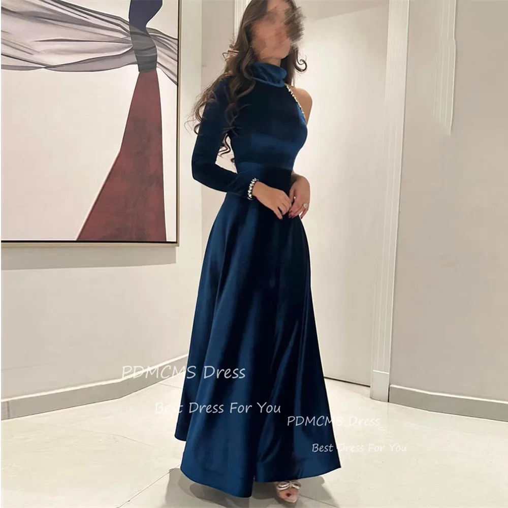 

Sexy Velvet Dark Blue A Line Prom Dresses Long Sleeves One Shoulder Arabic Women Evening Gowns Formal Wedding Party Dress Beaded