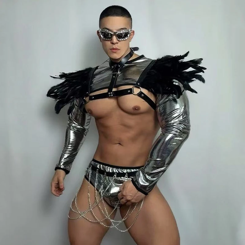 Male Gogo Dancer Clothing Futuristic Silver Stage Costume Men Feather Performance Outfit Festival Party Show Rave Wear VDL3178