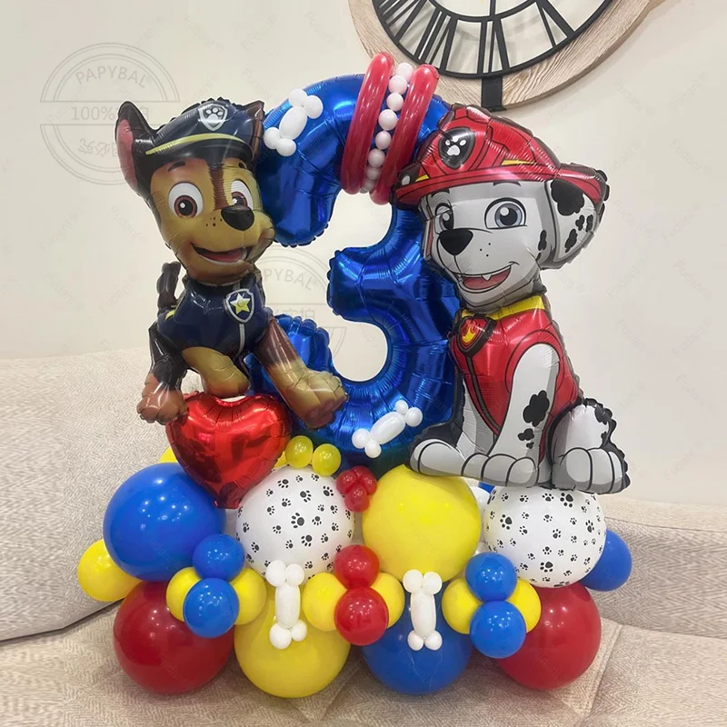 55pcs Paw Patrol Birthday Balloon Decoration Dog Paw Printing Latex Balloon with Blue Number Boy Birthday Party Decorations