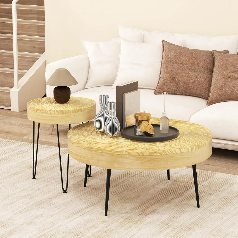 

Boho Round Coffee Table Set of 2, Sofa Side Nesting Table with Solid Pine Wood Top, Metal Legs & Adjustable Foot Pads