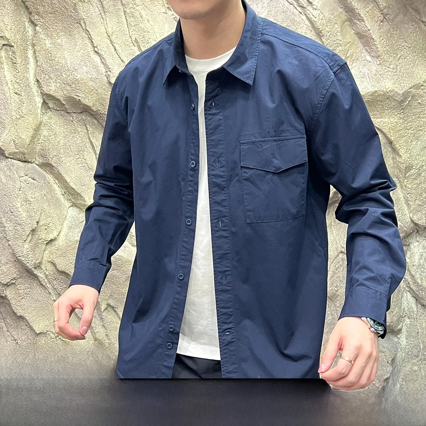 

Washed Pure Cotton Men's Retro Workwear Shirt Stand Collar Breathable Spring Season Standard Fit Long Sleeve Casual Shirt