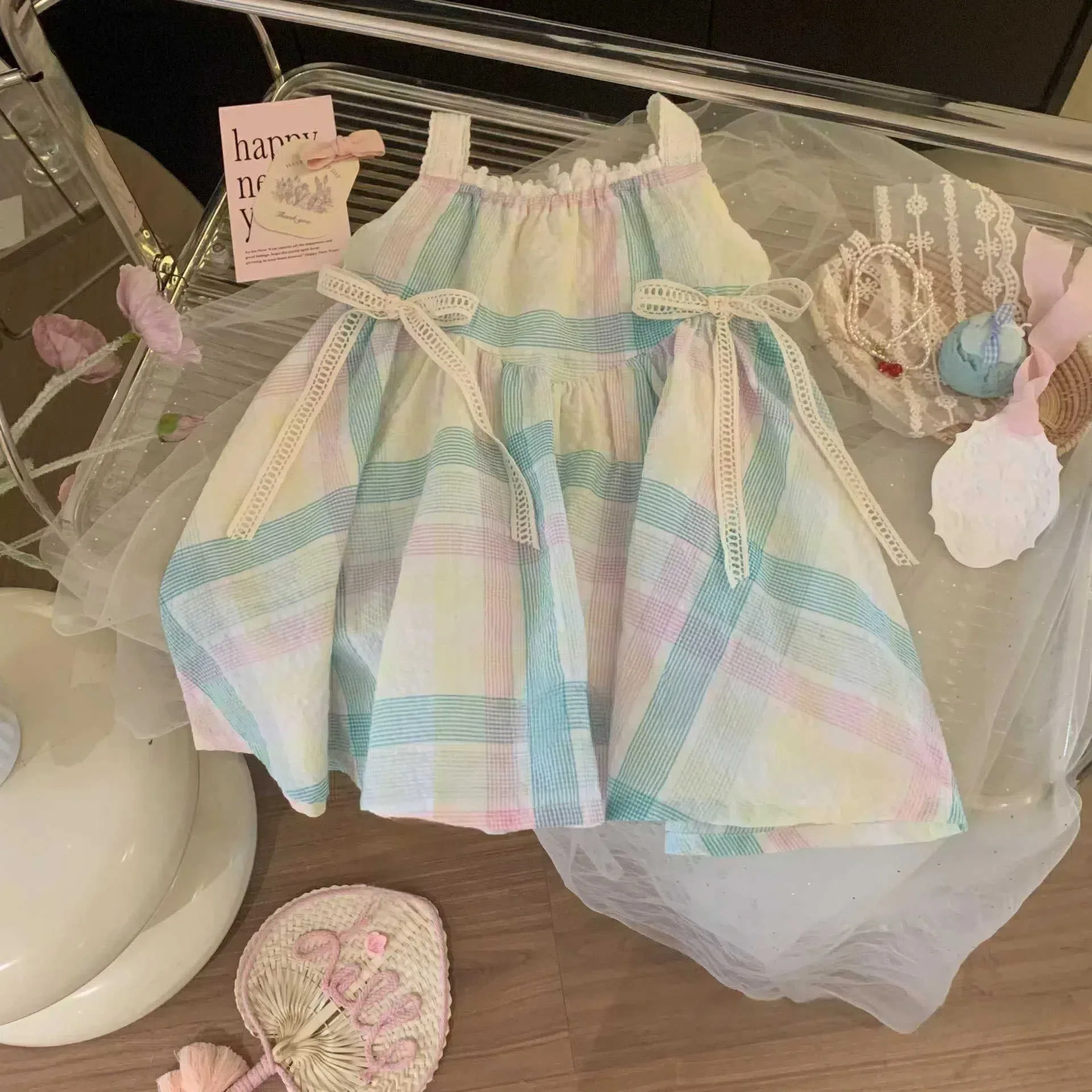 Vestido a cuadros, novedad de verano, moda coreana, bonito vestido informal de encaje con nudo y rejilla, ropa para niños y niñas