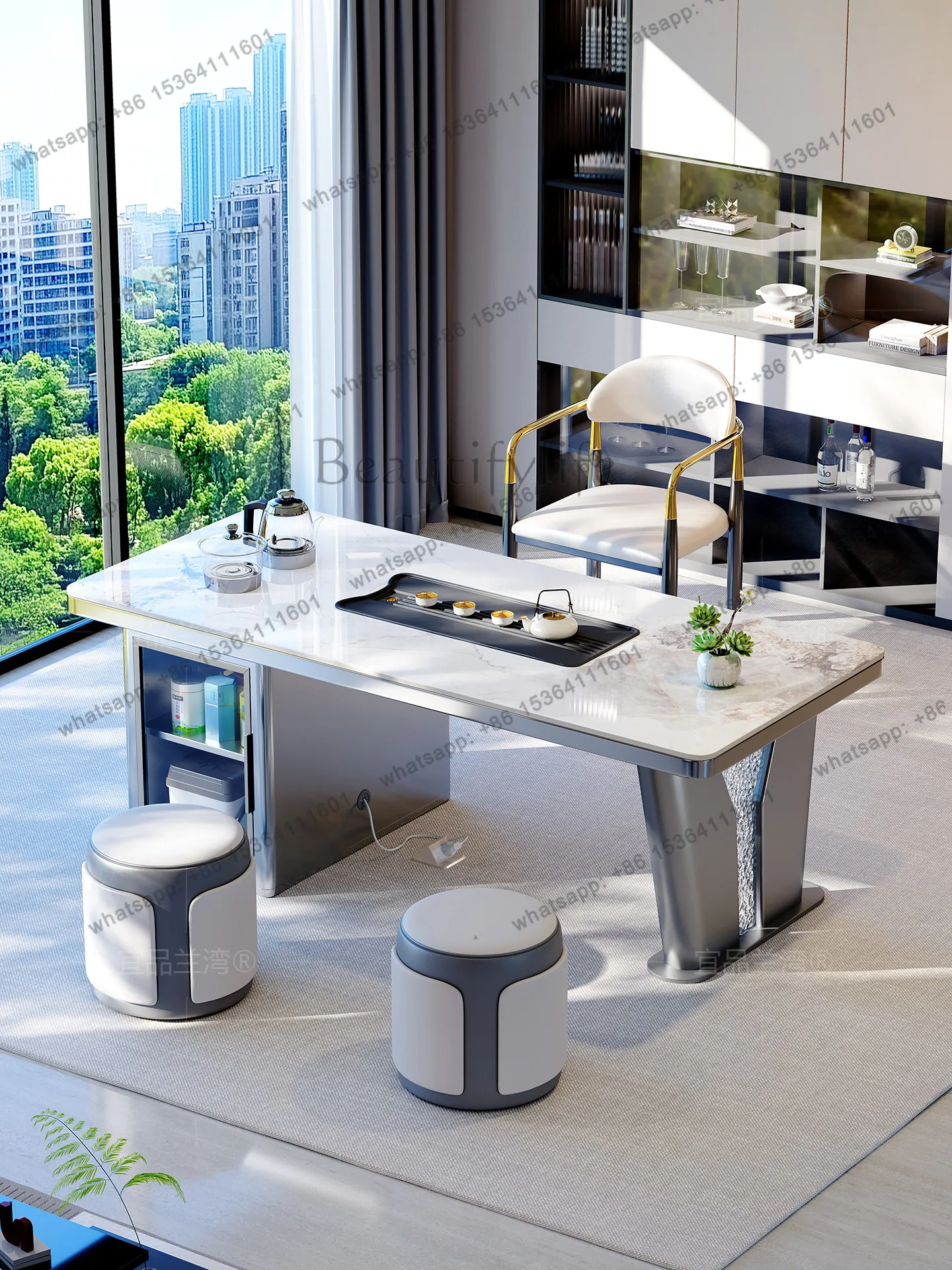 

High-end rock slab tea table, kettle integrated embedded tea making table