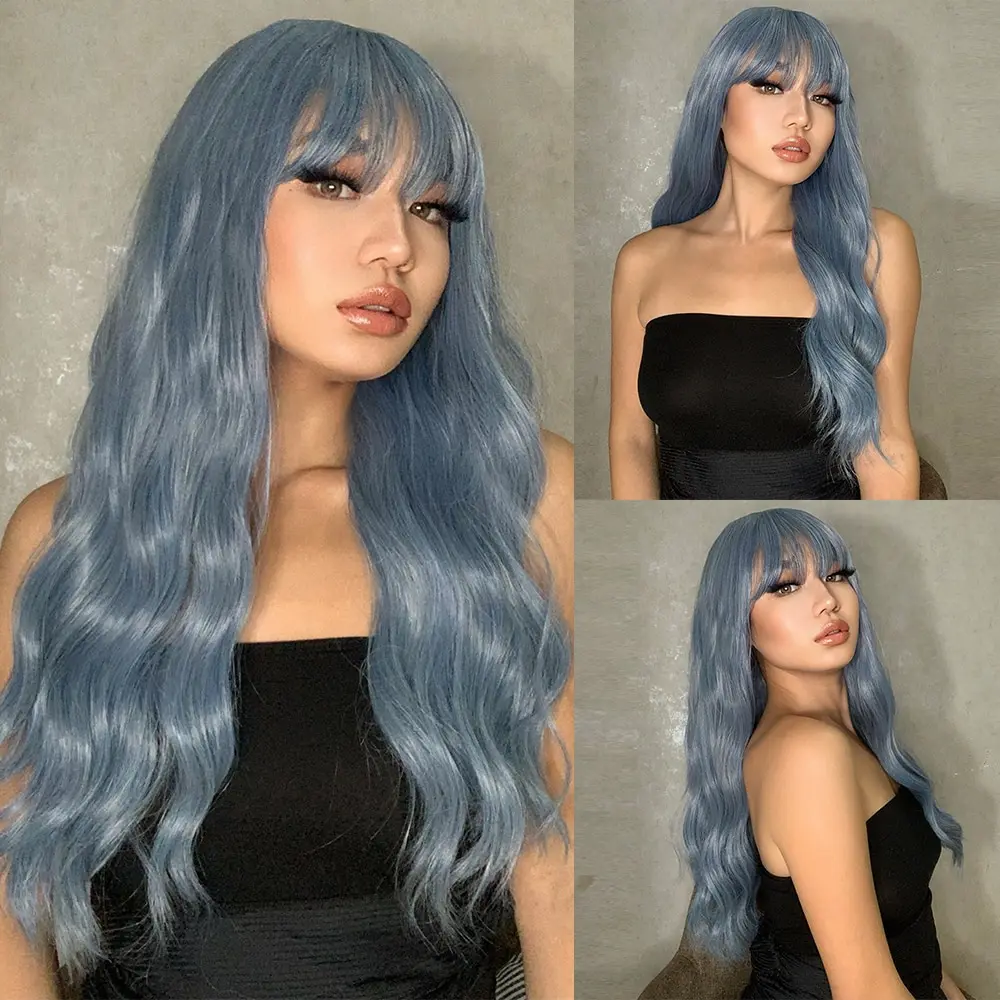 

Blue Long Water Wavy Synthetic Wigs With Bangs Natural Hair Wigs for Women Cosplay Christmas Wigs Heat Resistant Fiber