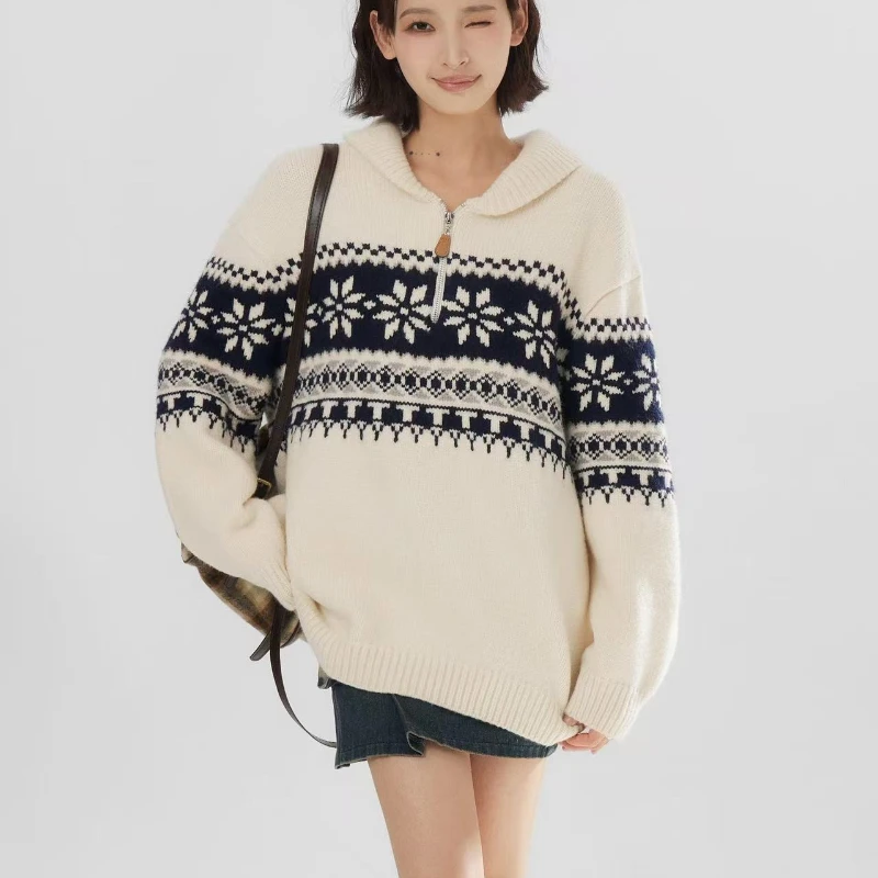 Women Autumn Winter Lapel Casual Knitted Top British Style Retro Long Sleeve Jacquard Pullover Loose Half-zip Turtleneck Sweater